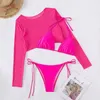 Green Print Bikini Long Sleeve 3 Piece Swimsuit Women 2023 New Sexy Gauze Coat Bathing Suit High Waist Summer Beachwear