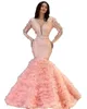 Vestidos de baile rosa sereia árabe v pescoço de pescoço rosa renda de cristal mangas compridas baguinhas camadas de tule tule vestidos de noite plus size size vestidos de festas de desgaste