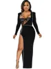 Abito a due pezzi Set di due pezzi in rete sexy Clubwear da donna Body per feste Top e abito lungo con spacco See Through Set di abiti da night club 230224