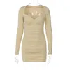 Casual Dresses Full Sleeve Deep V Neck Bodycon Elegant For Women Solid Color Pleated Sheath Dress 2023 Autumn Fashion Outfit Vestdio