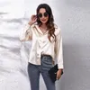 Blouses Femme Chemises Femmes Satin Blouse Tops Casual Col Rabattu Fausse Soie À Manches Longues Ruban Noeud Papillon Lâche Blouse Chemise WDC039 230225