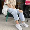 Męskie dżinsy Koreańska wersja luźnych prostych dżinsów mężczyzn Summer Worbgy Casual Treasure Ninpoint Pants Street wgniecenia niebieskie spodnie Z0225