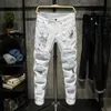 Jeans pour hommes New Men Streetwear personnalité Déchiré imprimé blanc skinny Jeans Hip Hop Punk Casual moto stretch denim jeans pantalon Z0225