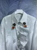Women's Blouses 2023 Leermode shirts Hoge kwaliteit vrouwen Turn Down kraag vintage Jacquard bloemenprint lieverd kralen deco wit