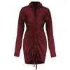 Casual Dresses VC Formal Dress 2023 Trend Temperament Red Wine Shirred Design Fashion Long-Sleeved Lapel Bourgogne Short Satin Sexig