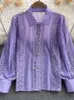 Kadınlar bluzlar yaka yaka tek göğüslü uzun kollu gömlek Kadınlar Koreli tarzı gevşek bluz ofisi bayan içi boş dantel purple