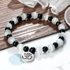 Strand Fashion Om Symbol Pendant Bracelets Women Men Black Onyx Lava Beads Elastic Rope Buddhist Bracelet Friendship Lucky Jewelry Gift