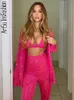 Women's Two Piece Pants 3 Piece Set Women Suit Pants Crop Top Female Shirts Jogging Glitter Sequin Sets Y2K Party Club Sexy Outfits Pink Tracksuit 230225