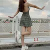 カジュアルドレス2023年夏の格子縞のホルターAラインドレス女性韓国ファッションセクシーなバックレスミニパーティーストリートベスティドス