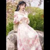 Robes décontractées automne rose imprimé fleuri robe femmes Patchwork fée Vintage Midi femme mode coréenne rétro fête 2023