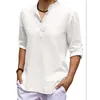 Mäns avslappnade skjortor s Linen långärmad Vneck T Solid Color Hawaiian Yoga Button Breattable Top för 230224