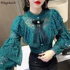 Blouses Femme Chemises Élégant Mode Dentelle Fond Chemise Femme Automne Creux Fleur À Volants Blouse Noeud Perles Manches Longues 6 Couleurs Blusas 16889 230225