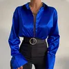 Bluzki damskie Koszule Eleganckie satynowe kobiety bluzki moda długie rękaw Vintage Blue Blouse Office Blusas Mujer Silna jedwabna koszula Kobiety swobodne topy 22717 230225