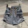 Frauen Shorts 2023 Frühling Sommer Metall Zweireiher Denim Kurze Hohe Taille Seite Mode Spitze Up 230224