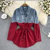 Drehen Unten Kragen Kontrast Farbe Denim Patchwork Bluse einreiher Kordelzug Blusa Koreanische 2023 Lose Beiläufige Hemd 2023