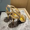 Goldene kristallverzierte Stiletto-Sandalen Neue Strass-Stiletto-Absatz-Abendschuhe 9 cm Damen-Hochhackige Luxus-Designer-Sandale mit Box