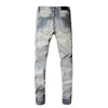 Jeans pour hommes en détresse bleu Slim Streetwear mode lettres brodées Patchwork pantalon dommages maigre Stretch déchiré