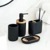 Bath Accessory Set Bathroom Accessories Soap Lotion Dispenser Toothbrush Holder Soap Dish Tumbler Pump Bottle Cup Wood Black or White 230224