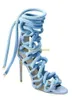 Sandalet açık mavi ip çapraz kayış açık ayak parmağı Roma yaz kadın ayakkabı stiletto yüksek topuk ayak bileği katı gladyatör 230225