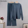 Tweede stuk broek voor damesgeborene winter dikke dikke vrouwen gebreide pakken kasjmier zachte 2 stuks sets vrouwelijke polo nek trui brede been broek gebreide outfit 230225