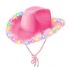 Bérets Chapeau de Cowgirl Lumineux Vintage Style Occidental Casquette de Cowboy Plume Rose Mode Fête Femmes Bord Moelleux O8C7