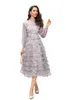 여성용 활주로 드레스 주름쪽 칼라 긴 소매 인쇄 로플 주름 우아한 디자이너 파티 착용 가운