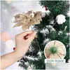 car dvr Christmas Decorations 12Pcs Glitter Artificial Poinsettia Flowers Tree Ornaments Xmas Party Decoration Stems And Clips 220912 Drop D Dhyf5