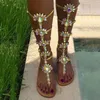 Sandálias Bohemia Rhinestone Knee High Gladiator Women Women Summer Beach Sapatos Mulher Sandalia Mujer Tamanho 41-45 XKD4102