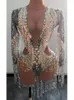 Scene Wear Bar Nightclub Tassel Dance Costume Silver Sequin Free Sleeve Bodysuit Sexig Elastic Leotard Party Show Clothes