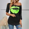 Lip Printings Short Sleeved T Shirt Womens Off Shoulder Irregular Sleeve Length