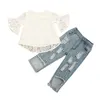 Kledingsets 2 stks peuter meisjes prinseskleding wijd uitlopende mouw bloemenbladeren kanten tops gescheurde jeans kinderen kinderen fashion outfits pak