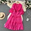 2023 Vestidos De Mujer Summer Vintage Dresses for Women Lace Up V-neck Lantern Sleeve Lace Hollow Out Dress Korean Robe Femme