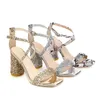 Dress Shoes Open Toe Woman Summer Silver Gold Snake Print Buckle Strap Block High Heels Women Sandals Bling Sequin Wedding