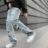 Erkekler Kot 2022 İlkbahar ve Yaz Yeni Erkekler High Street Hiphop Microladen Jeans Ins Tide Marka Gevşek Düz Nostaljik Yırtık Pantolonlar Z0225