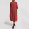 Casual Dresses Vintage Summer Women Solid Color O Neck Half Sleeve Linen Soft Loose Midi Dress Woman 2023