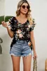 Fashion Women Casual Shirts Print V Neck Ruffled Short Sleeve Loose Blouses