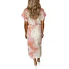 Summer Womens Clothing Printing Lapel Dress Kort ärm snör upp oregelbunden lång