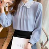 Kvinnors blusar mode elegantes 2023 Autumn White Long Sleeve Satin Blus spetsar solid chiffong skjorta kvinnors toppar mujer blusa casual