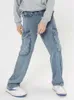 Calça de jeans de jeans masculino calças de carga múltiplas bolsos de jeans de jeans homens coreanos de jeans azul lavado calça de perna larga de namorado calças z0225