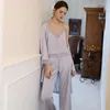 Vêtements de nuit pour femmes femmes femmes Sexi trois pièces Robe de nuit en soie sans manches bretelles Spaghetti pyjamas manches longues matin Cardigan