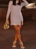 Robes décontractées MESLTRAF femmes 2023 mode avec bijou artificiel ourlet frangé doux tricot Mini robe Vintage col haut à manches longues femme