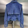 Kvinnors jackor Shawl Navy Wind Denim Jacket Female Spring and Autumn Fashion Personlighetsficka plikt midja Kort sektion Toppar 230225