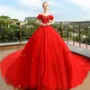 2023 vestidos de noiva vermelho fora do ombro cor vestidos de casamento uma linha tribunal trem tule plus size personalizado com cadarço zíper applique plus size say mhamad vestido de baile vestido de casamento