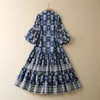 2023 Spring Blue Paisley Print Belted Cotton Dress 3/4 Lantern Sleeve Lapel Neck Paneled Midi Casual Dresses S2D201654