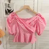 Blusas de mujer Verano recortada delgada con volantes plisado espalda abierta mangas abullonadas camisa