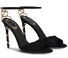 Lyxig Renes- Morgana Sandals Shoes Gold Crystal Snake Wrapped Black High Heels Suede Leather Lady Gladiator Sandalias Dress Bridal Wedding 35-42