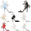 Med BOX Lyx designersko Högklackat sandaler dam häl Averly Pumps Aveline sandal med asymmetrisk Grosgrain Mesh Fascinator Rosett Klänning Skor Svart Fuchsia