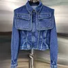 Kvinnors jackor Shawl Navy Wind Denim Jacket Female Spring and Autumn Fashion Personlighetsficka plikt midja Kort sektion Toppar 230225