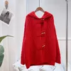 Kvinnors tröjor 2023 Spring och Autumn Women's Little Riding Hood Retro Design Cow Horn Button Thicked Red Sweater Coat Wear Fashion