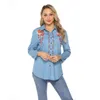 Camicette da donna Primavera Estate Donna Blosue Denim Top Camicia a maniche lunghe Ricamo Donna Jean Floral Women